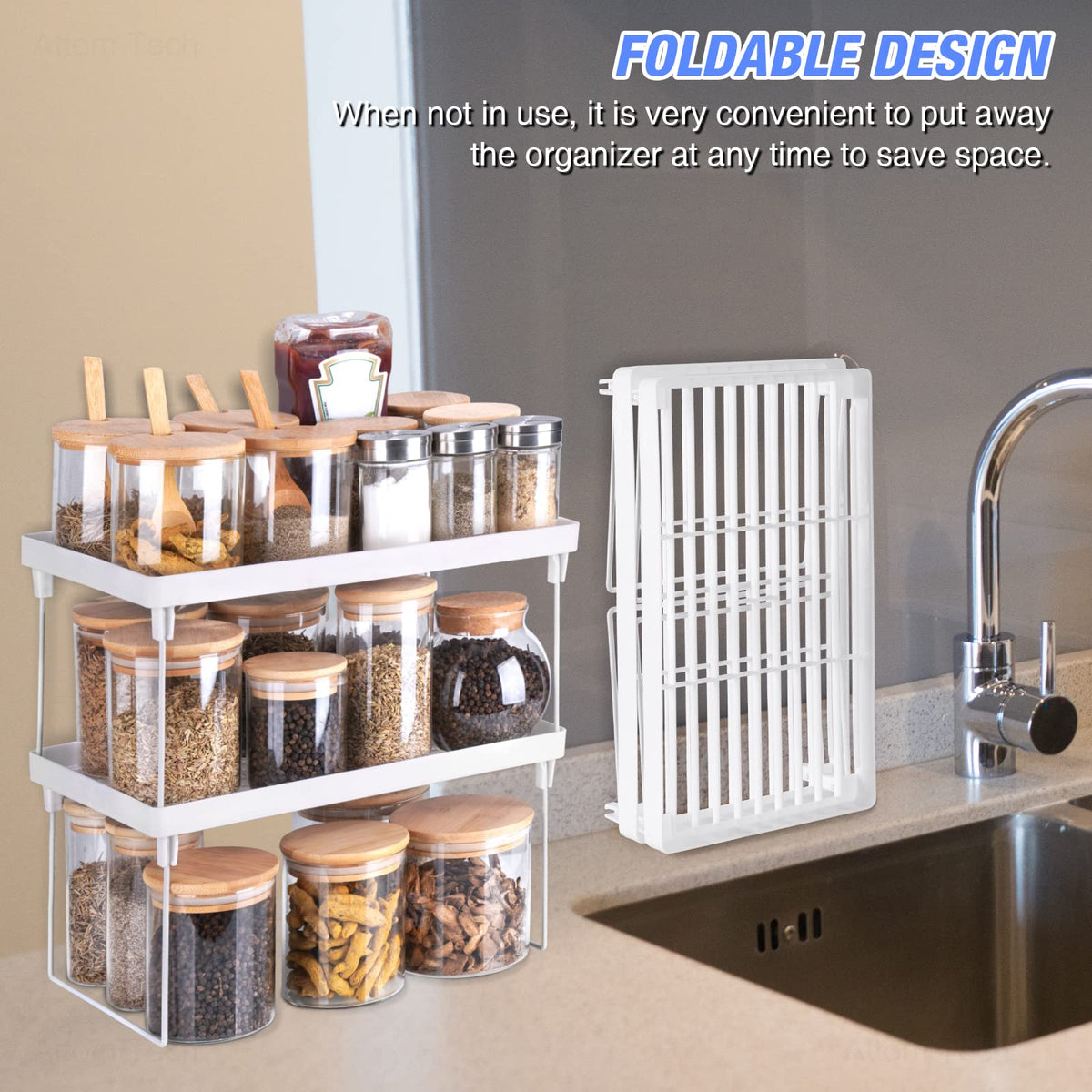 4-Pack Stackable Plastic Kitchen Storage Shelf Foldable Rack White U371