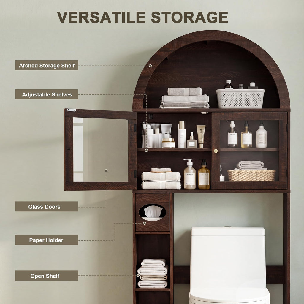 Over the Toilet Storage Cabinet with Arched Top, 68" Tall, Dark Walnut F479