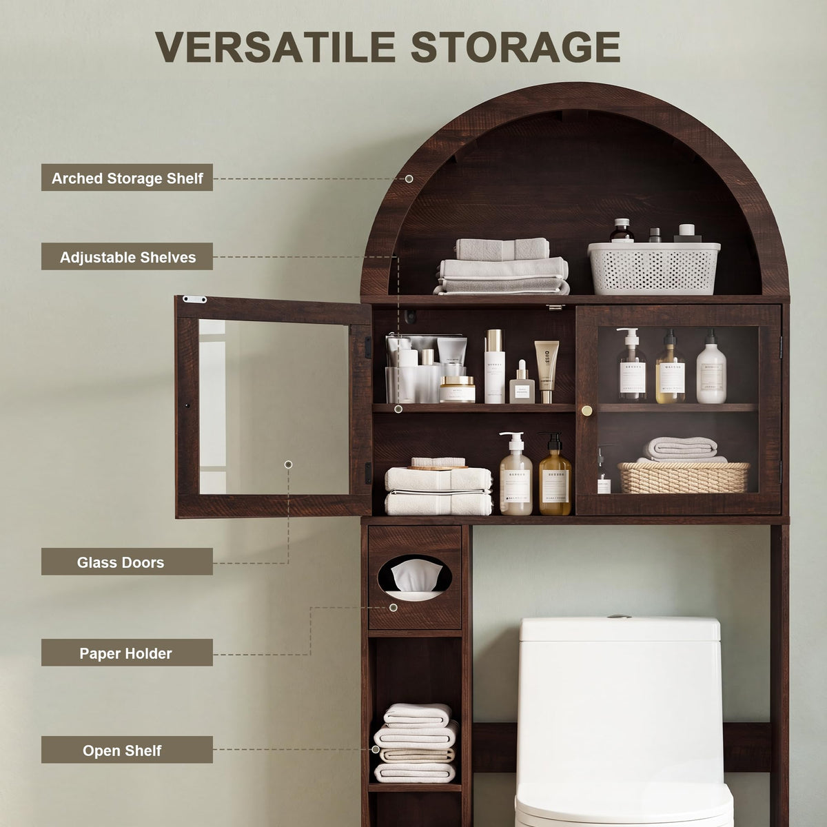 Over the Toilet Storage Cabinet with Arched Top, 68" Tall, Dark Walnut F479