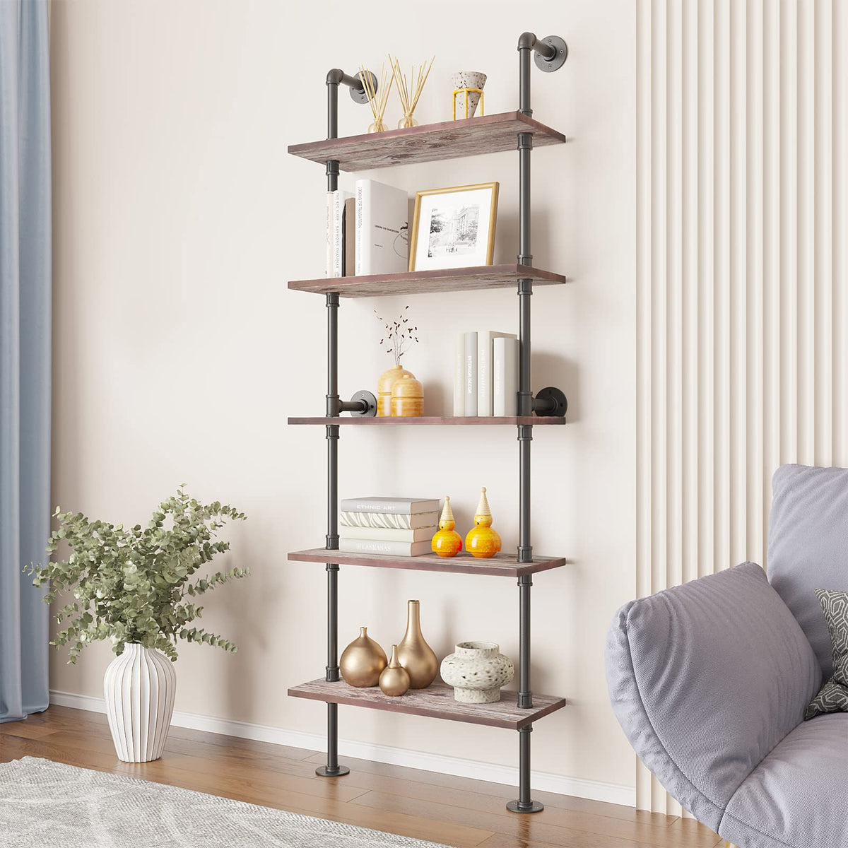 5 Tier Solid Wood Industrial Pipe Ladder Shelf T4146