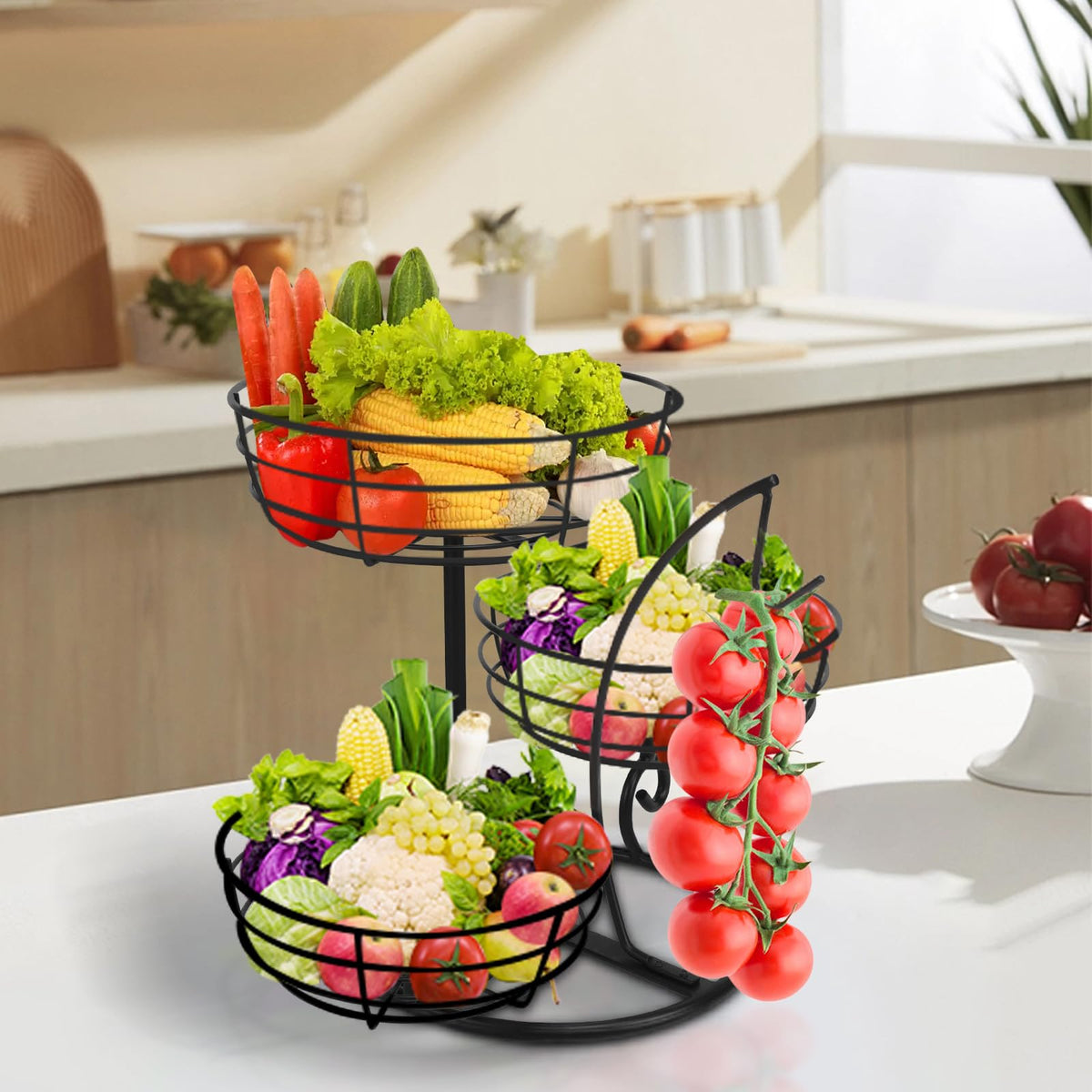 Fruit Basket Bowl with Banana Hanger, 3-Tier Metal Base Q983247
