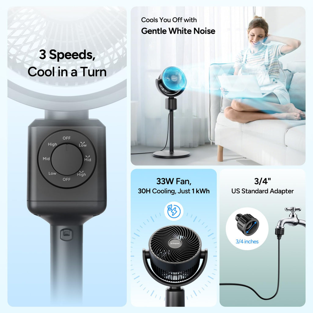 Compact Misting Pedestal Fan with Magnetic Mister, Quiet Air Circulator Standing Fan, 16-34" Adj. Height, 70°Auto-Oscillation, 3 Speeds N792