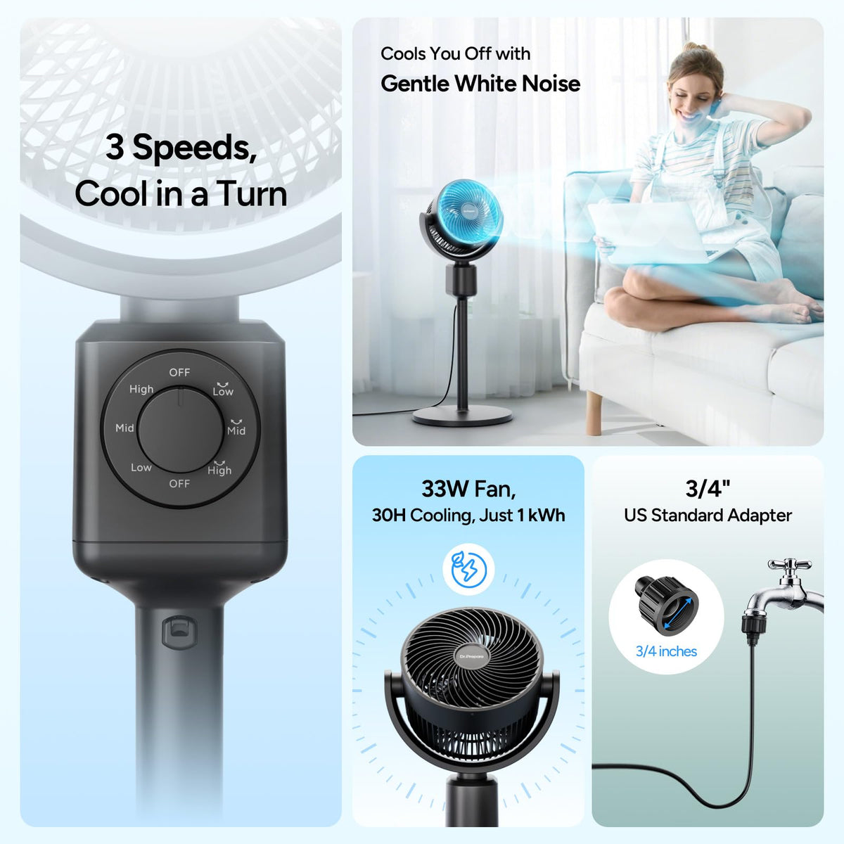 Compact Misting Pedestal Fan with Magnetic Mister, Quiet Air Circulator Standing Fan, 16-34" Adj. Height, 70°Auto-Oscillation, 3 Speeds N792