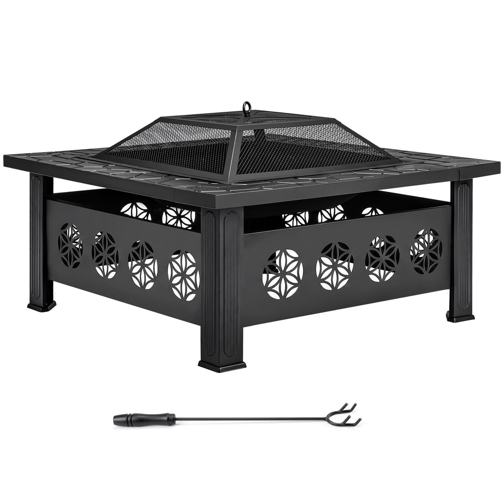 32 Inch Square Wood Burning Fire Pit Table with Spark Screen Lid and Fire Poker, Black A406283