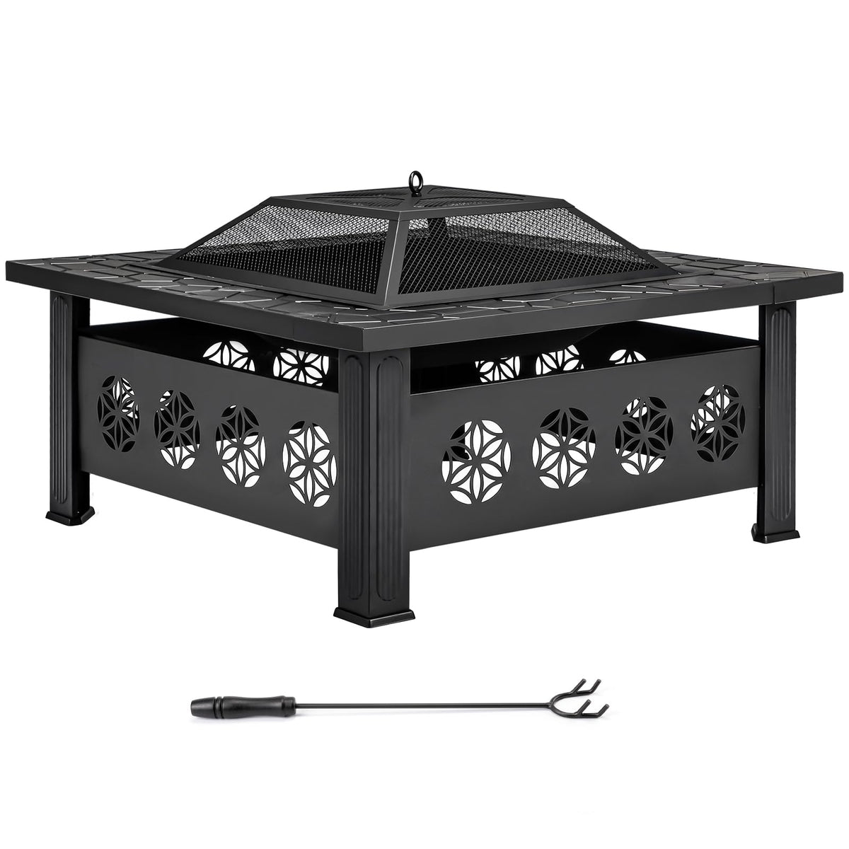 32 Inch Square Wood Burning Fire Pit Table with Spark Screen Lid and Fire Poker, Black A406283