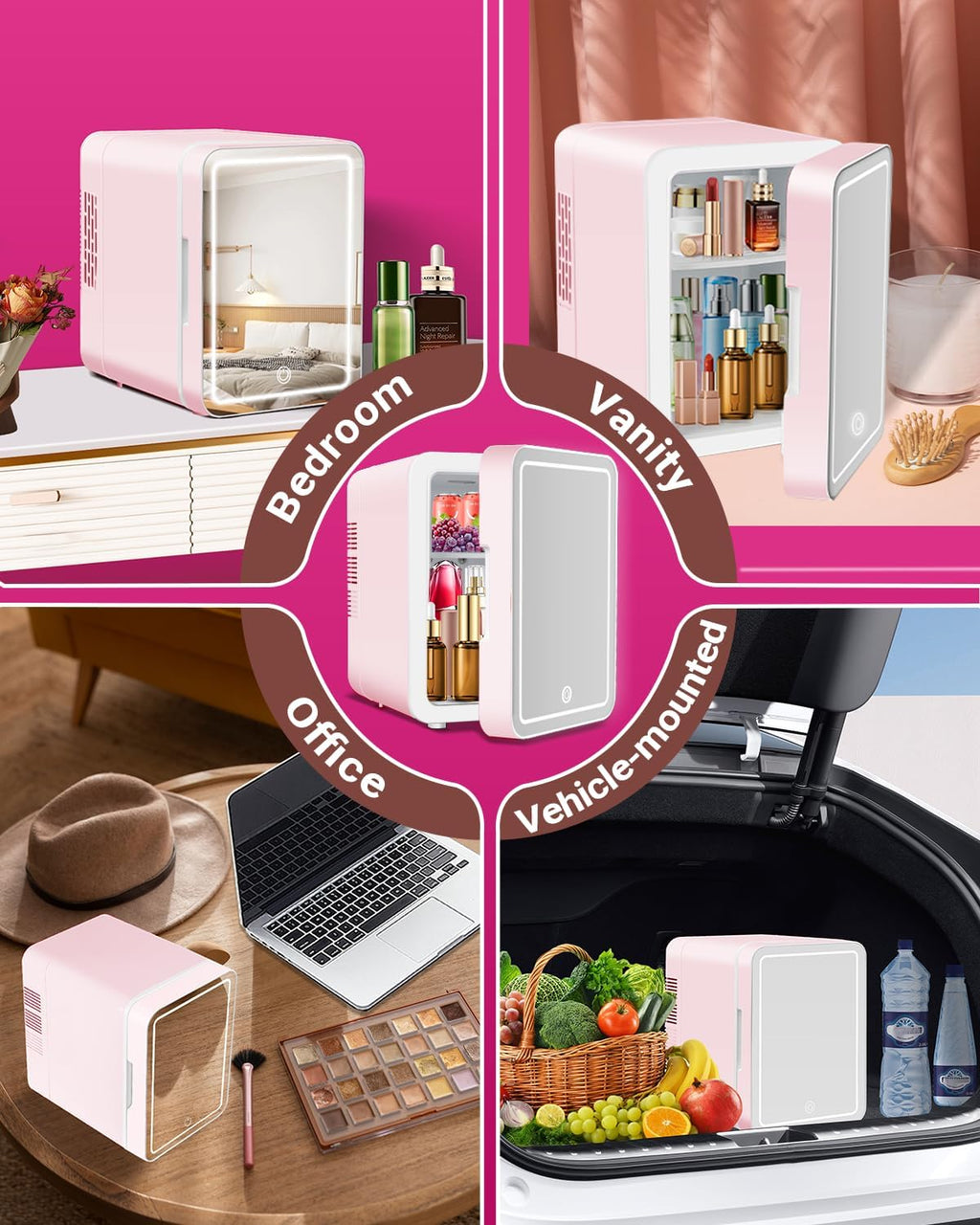 4-Liter Pink Portable Mini Fridge with Mirrored Door X3929