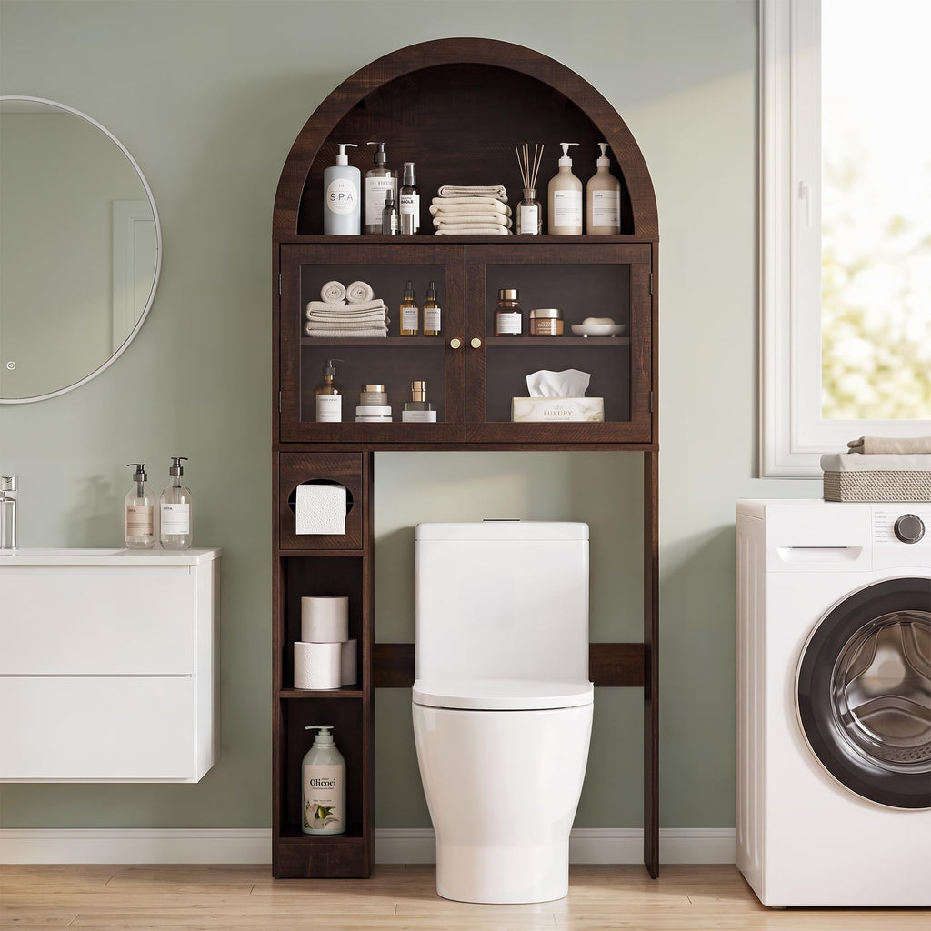 Over the Toilet Storage Cabinet with Arched Top, 68" Tall, Dark Walnut F479