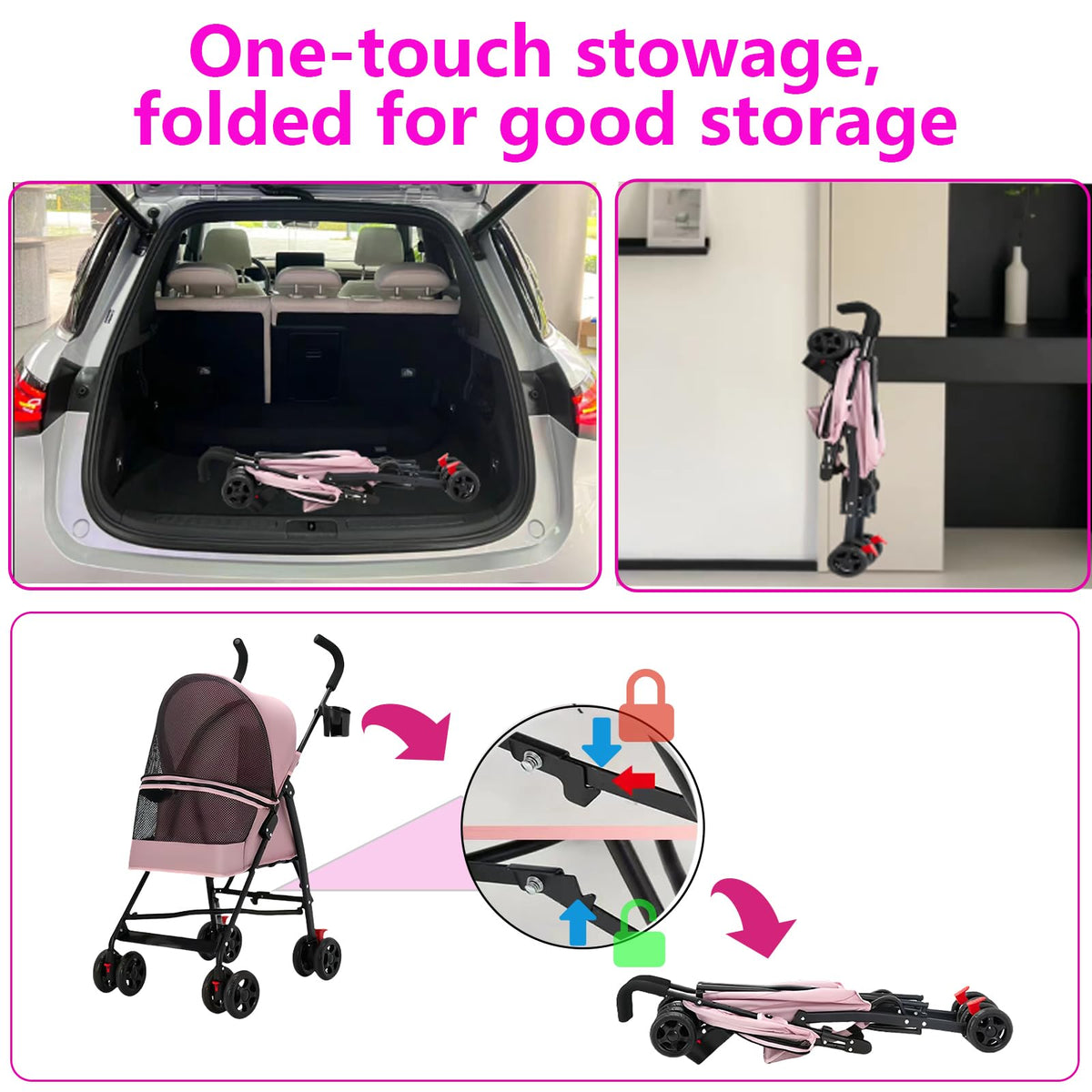 Foldable Lightweight Cat Stroller Pink L863647