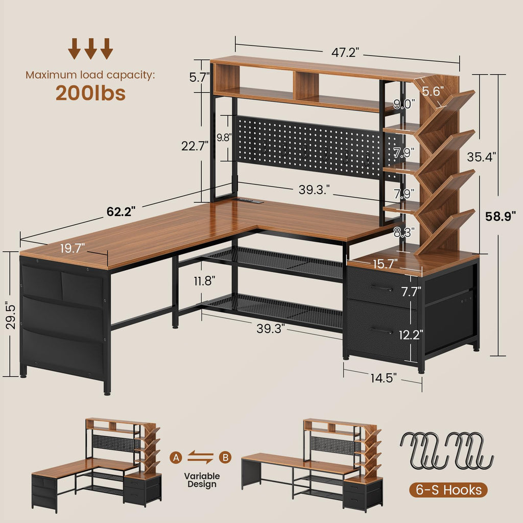 L Shaped Office Desk with Drawers and Hutch R1797