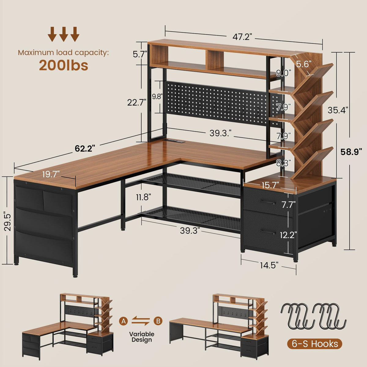 L Shaped Office Desk with Drawers and Hutch R1797