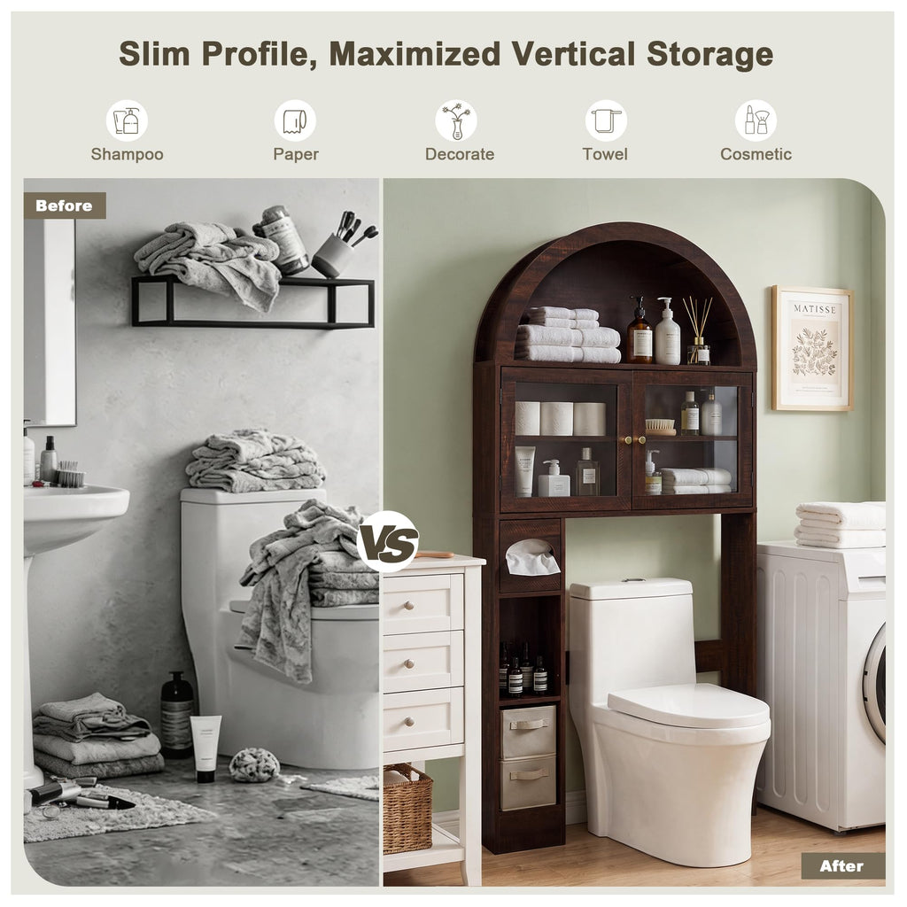 Over the Toilet Storage Cabinet with Arched Top, 68" Tall, Dark Walnut F479