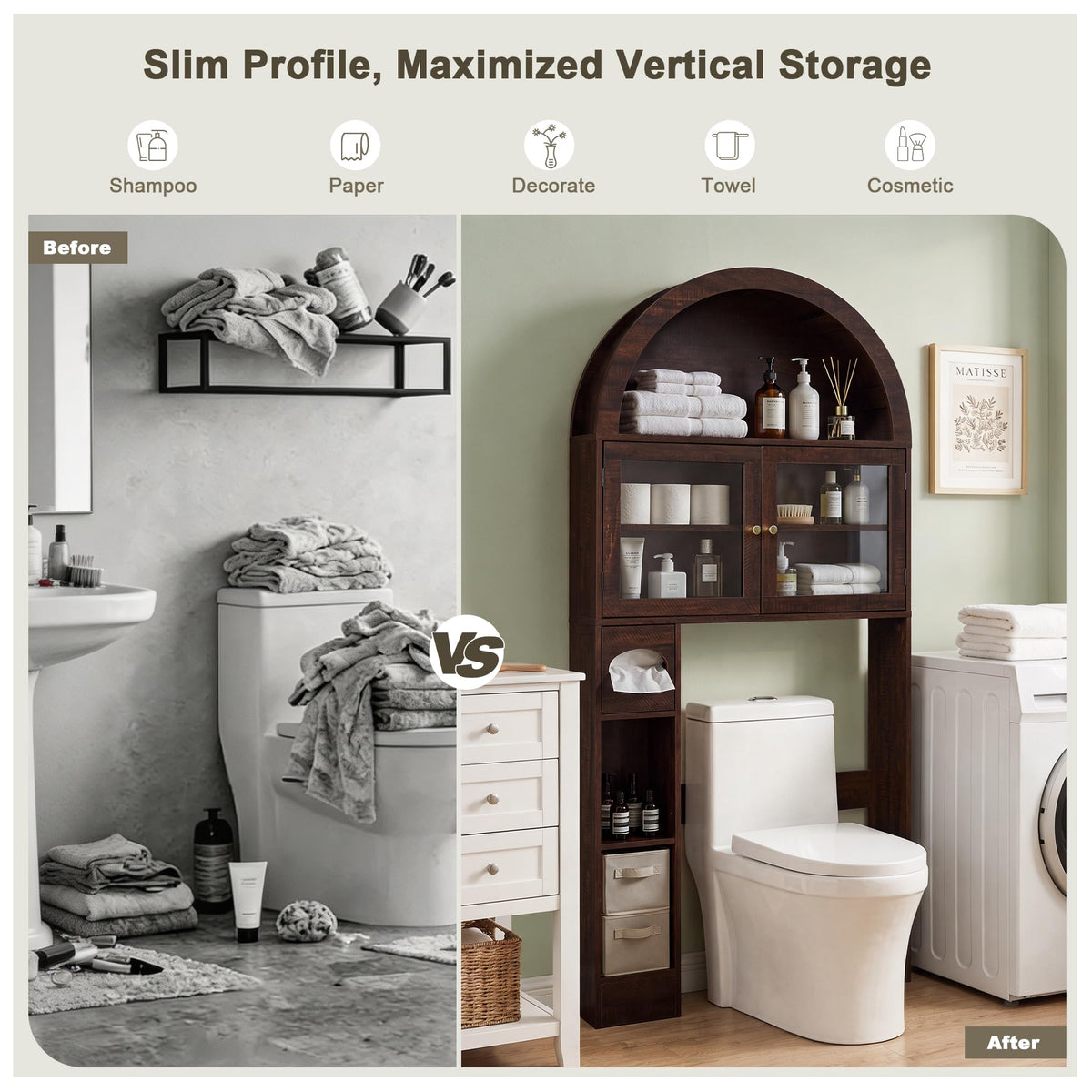 Over the Toilet Storage Cabinet with Arched Top, 68" Tall, Dark Walnut F479