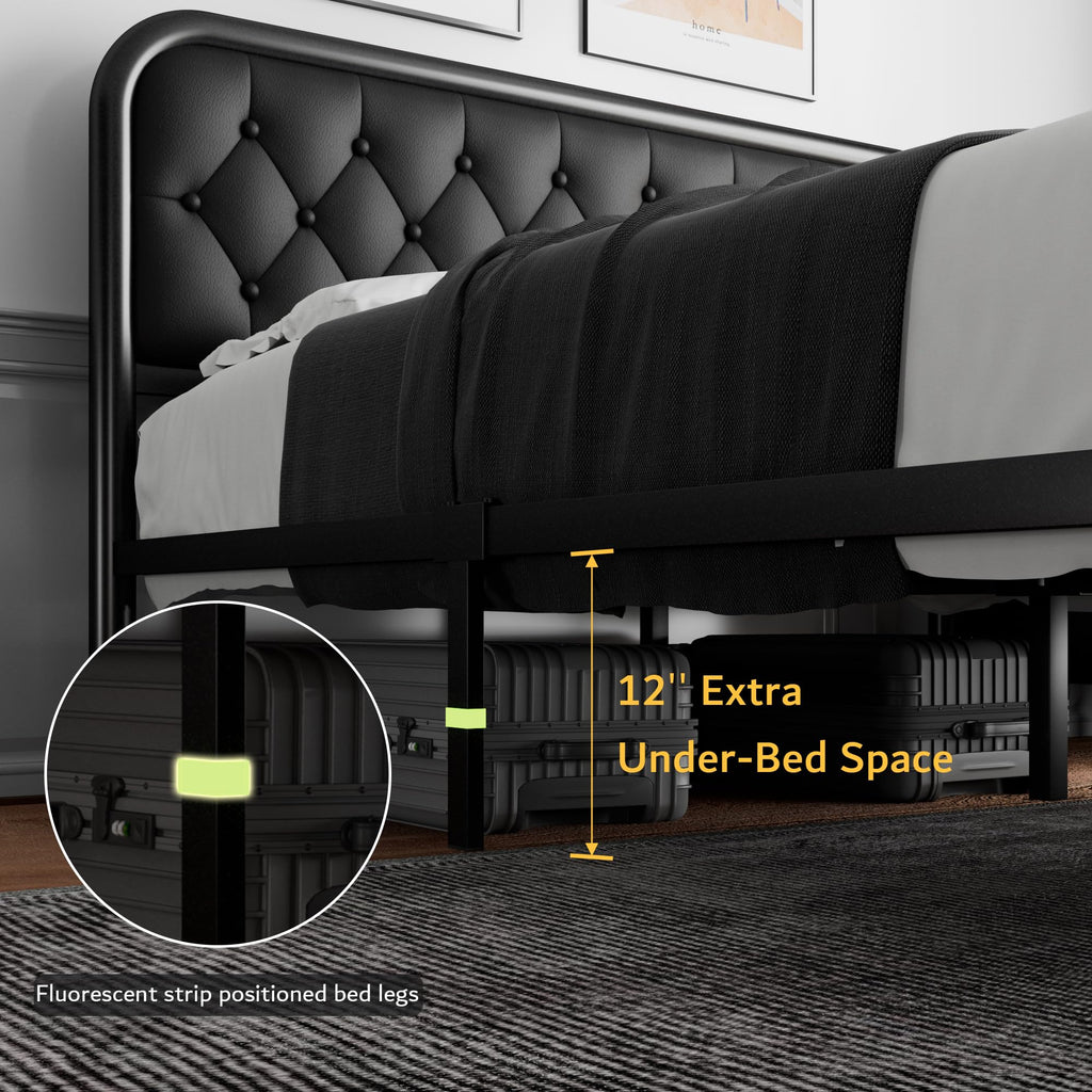 Full Size Black Metal Platform Bed Frame with Leather Headboard S4514