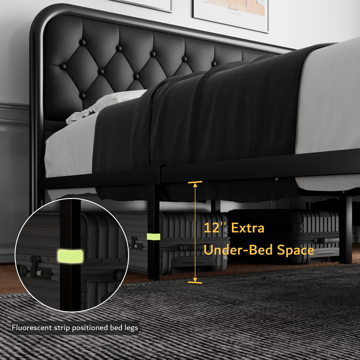 Full Size Black Metal Platform Bed Frame with Leather Headboard S4514