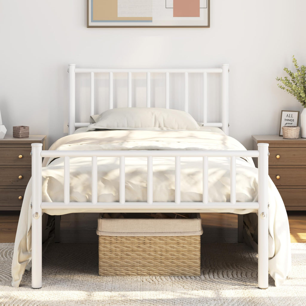 Twin Size White Metal Platform Bed Frame with Spindle Headboard R9506