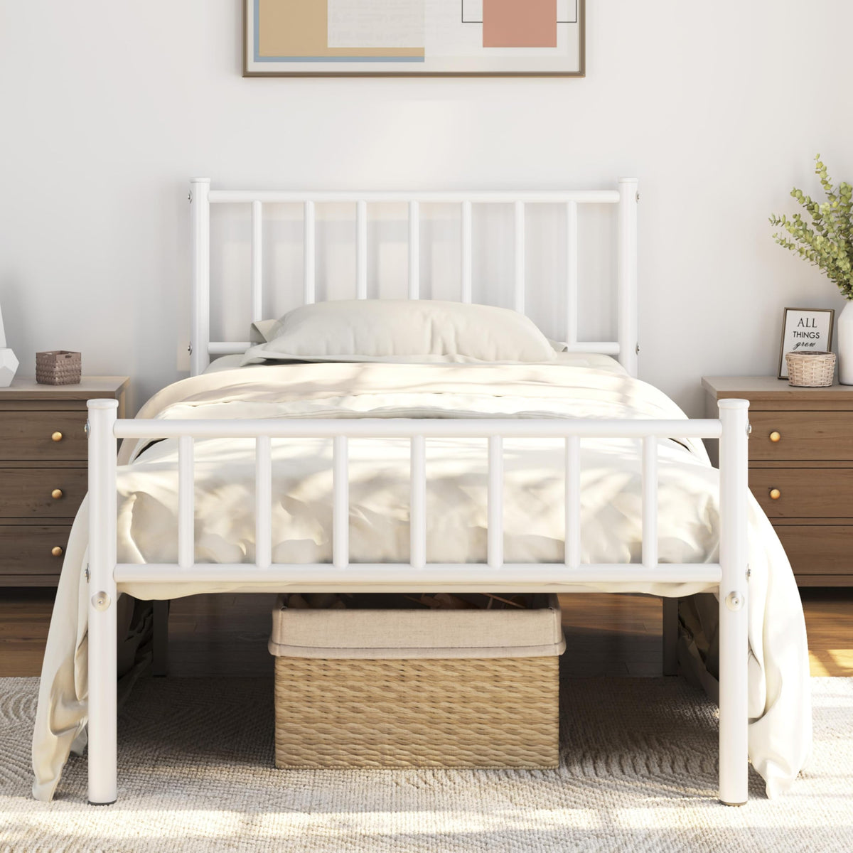 Twin Size White Metal Platform Bed Frame with Spindle Headboard R9506