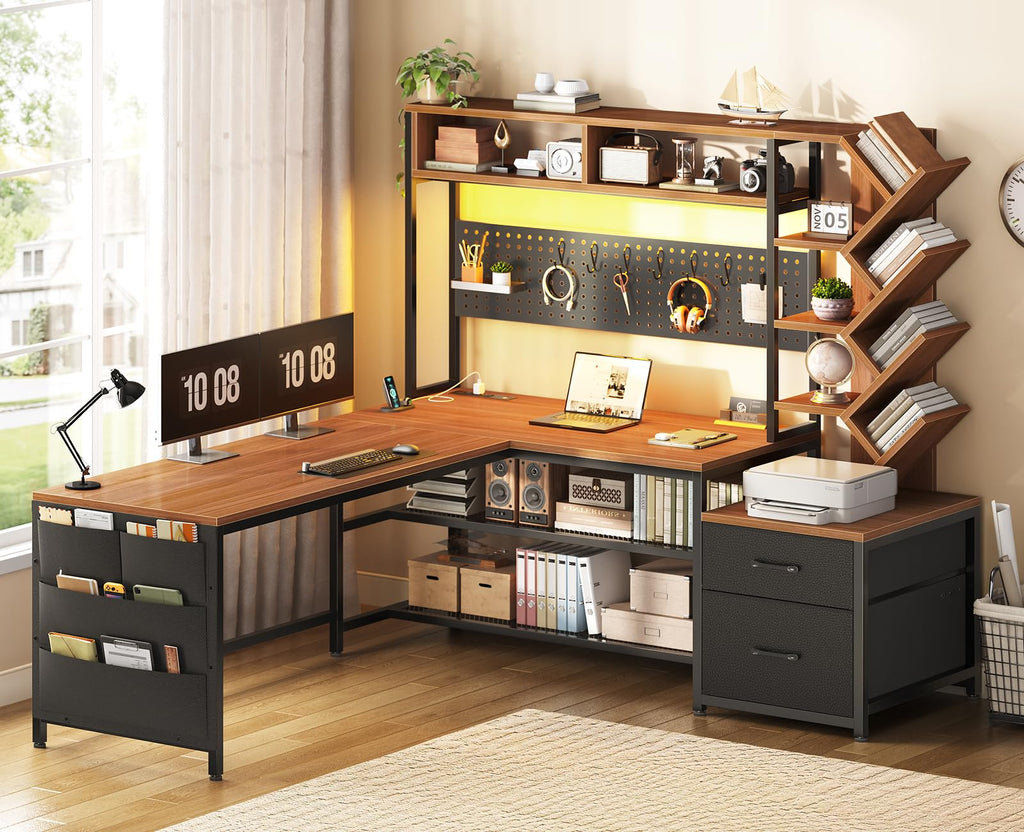 L Shaped Office Desk with Drawers and Hutch R1797