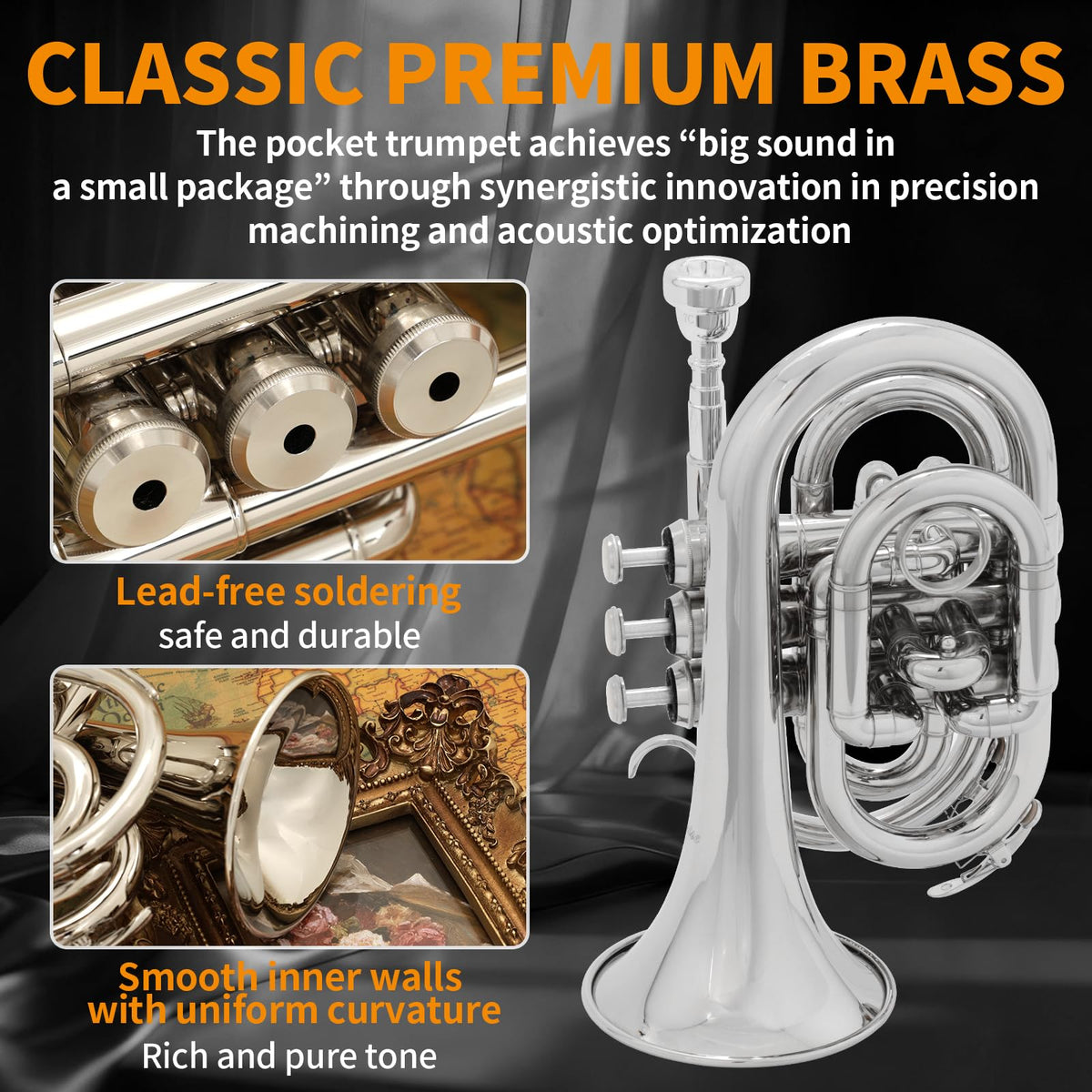 Bb Portable Pocket Trumpet with Case, 7C Mouthpiece and Cleaning Kit Q351