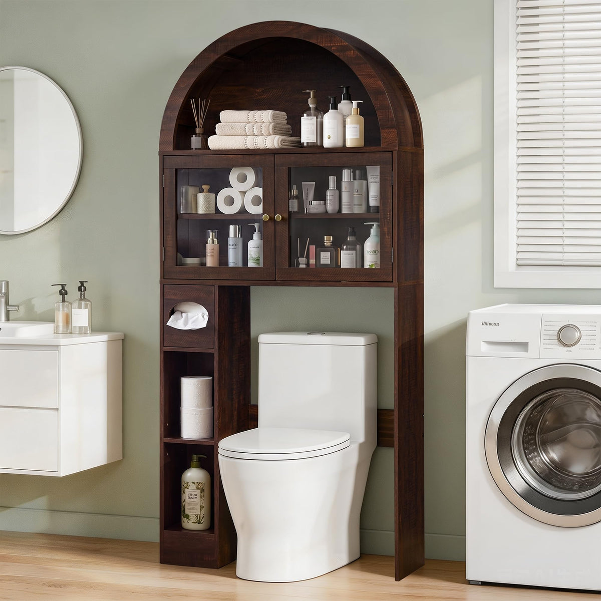 Over the Toilet Storage Cabinet with Arched Top, 68" Tall, Dark Walnut F479