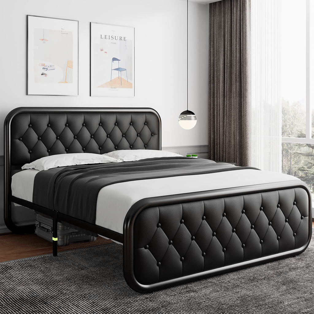 Full Size Black Metal Platform Bed Frame with Leather Headboard S4514