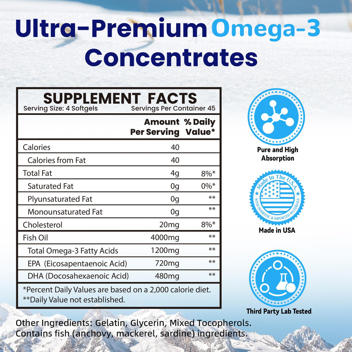 Omega 3 Fish Oil 4000mg 180 Softgels EPA & DHA Y963471