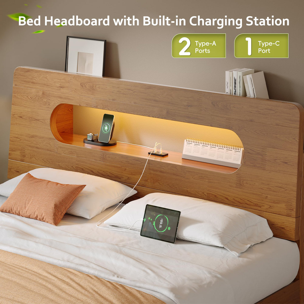 Queen Size Solid Wood Bed Frame with Storage Headboard, Brown S208