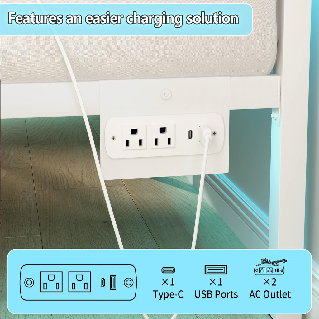 White Full Size Bed Frame with Headboard and USB Charging Station S8050