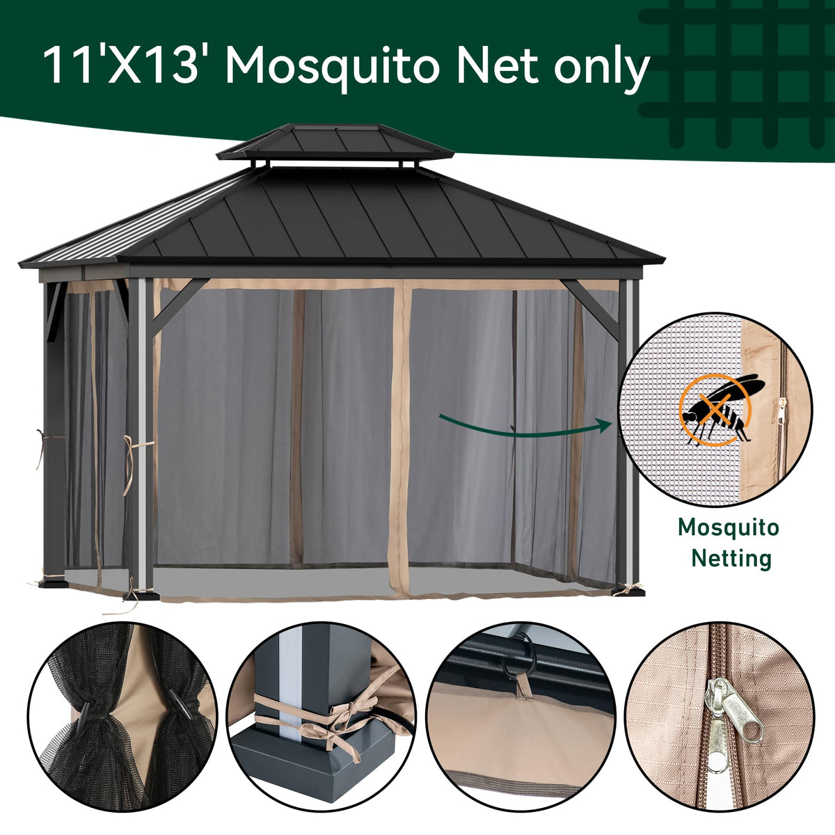 Outdoor Gazebo Mosquito Netting Replacement 4-Panel Sidewalls 11' x 13' P48405