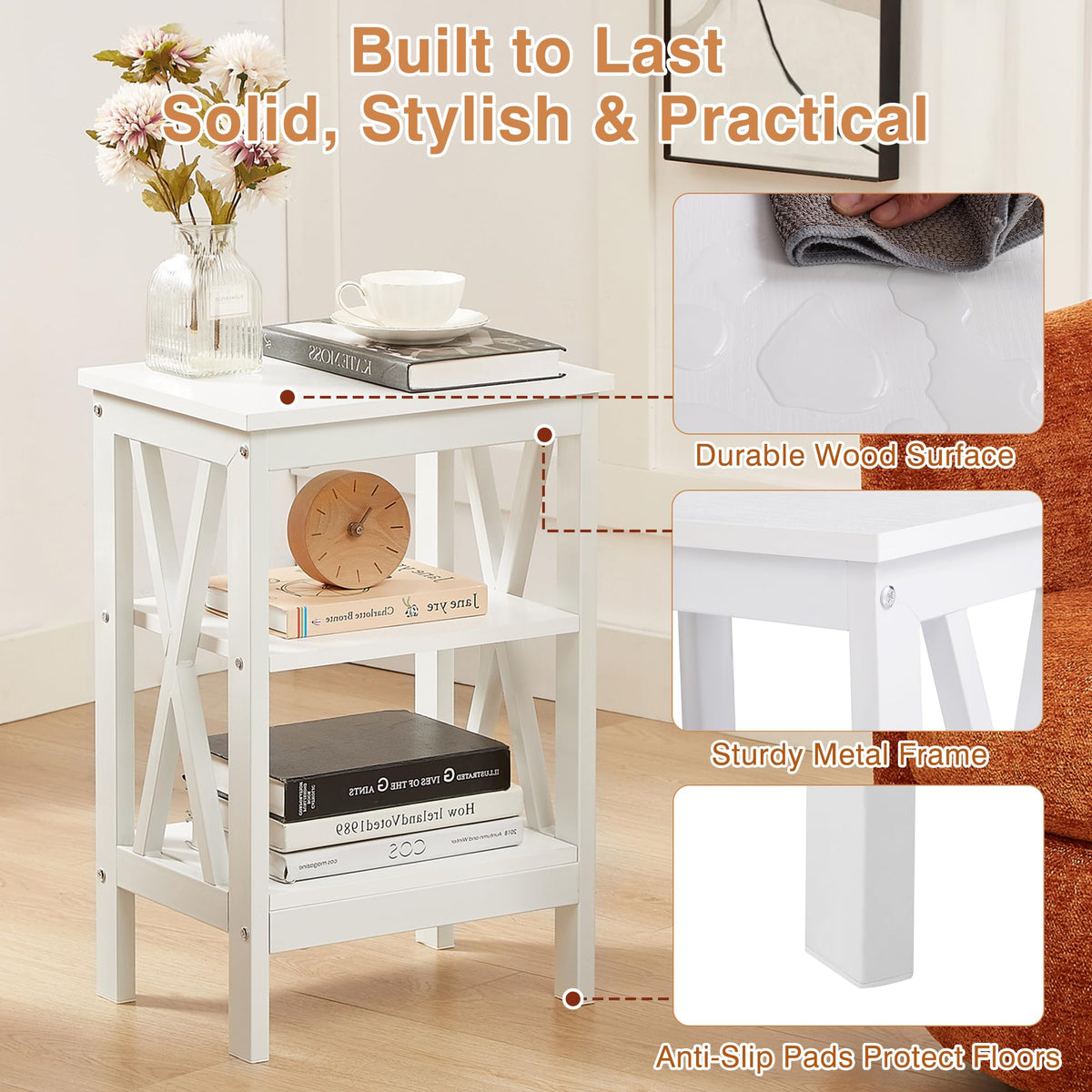 24" Tall 3-Tier Pearl White End Table O18645
