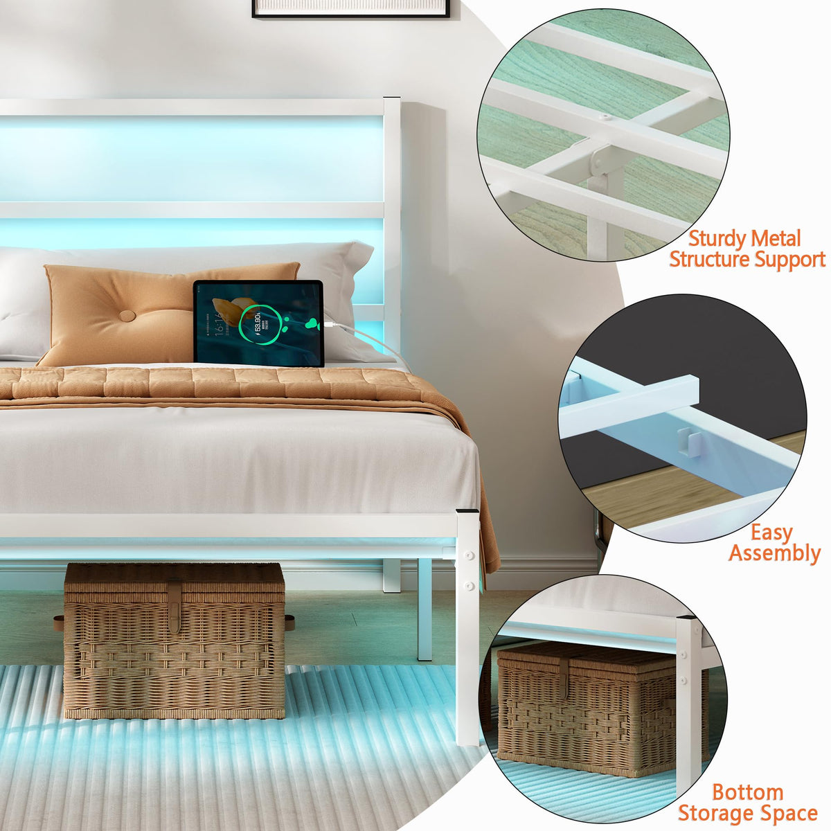 White Full Size Bed Frame with Headboard and USB Charging Station S8050