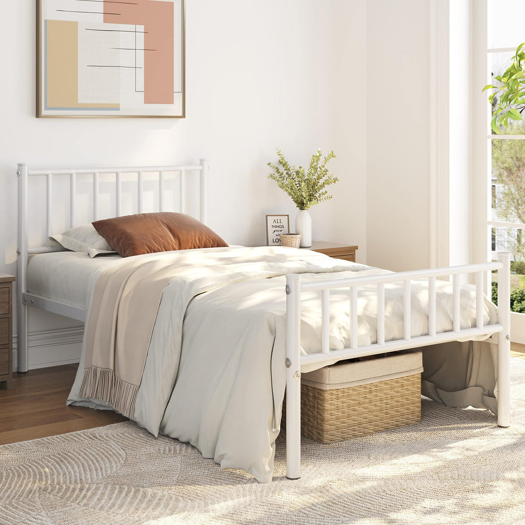 Twin Size White Metal Platform Bed Frame with Spindle Headboard R9506
