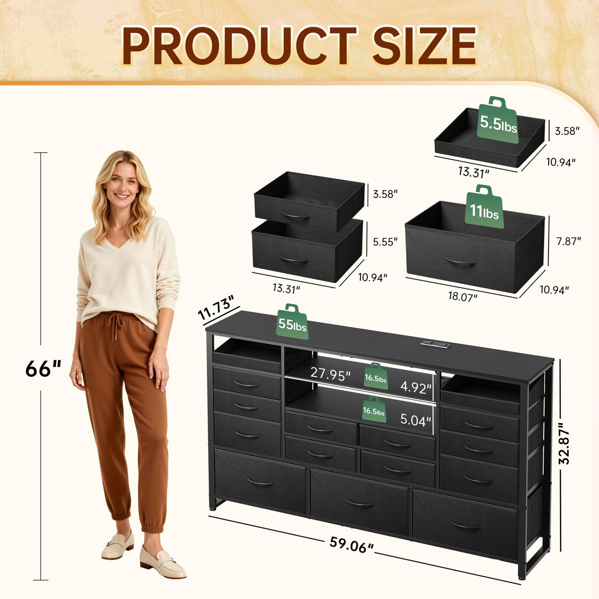 Black TV Stand with LED Lights & Charging Station, 15 Fabric Drawers T61942
