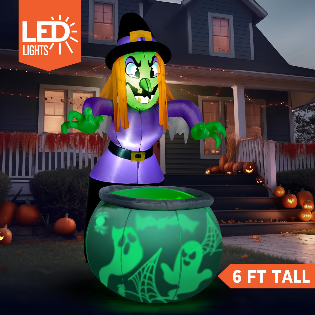 6 Ft Halloween Inflatable Witch and Cauldron Decoration with Green Ghost Light R4670