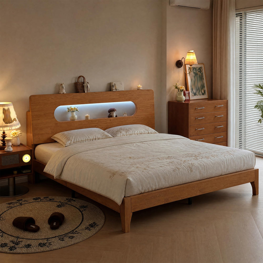 Queen Size Solid Wood Bed Frame with Storage Headboard, Brown S208