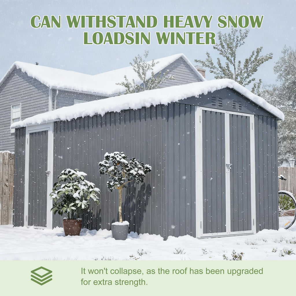 12x8 FT Galvanized Steel Storage Shed with Lockable Doors D3694