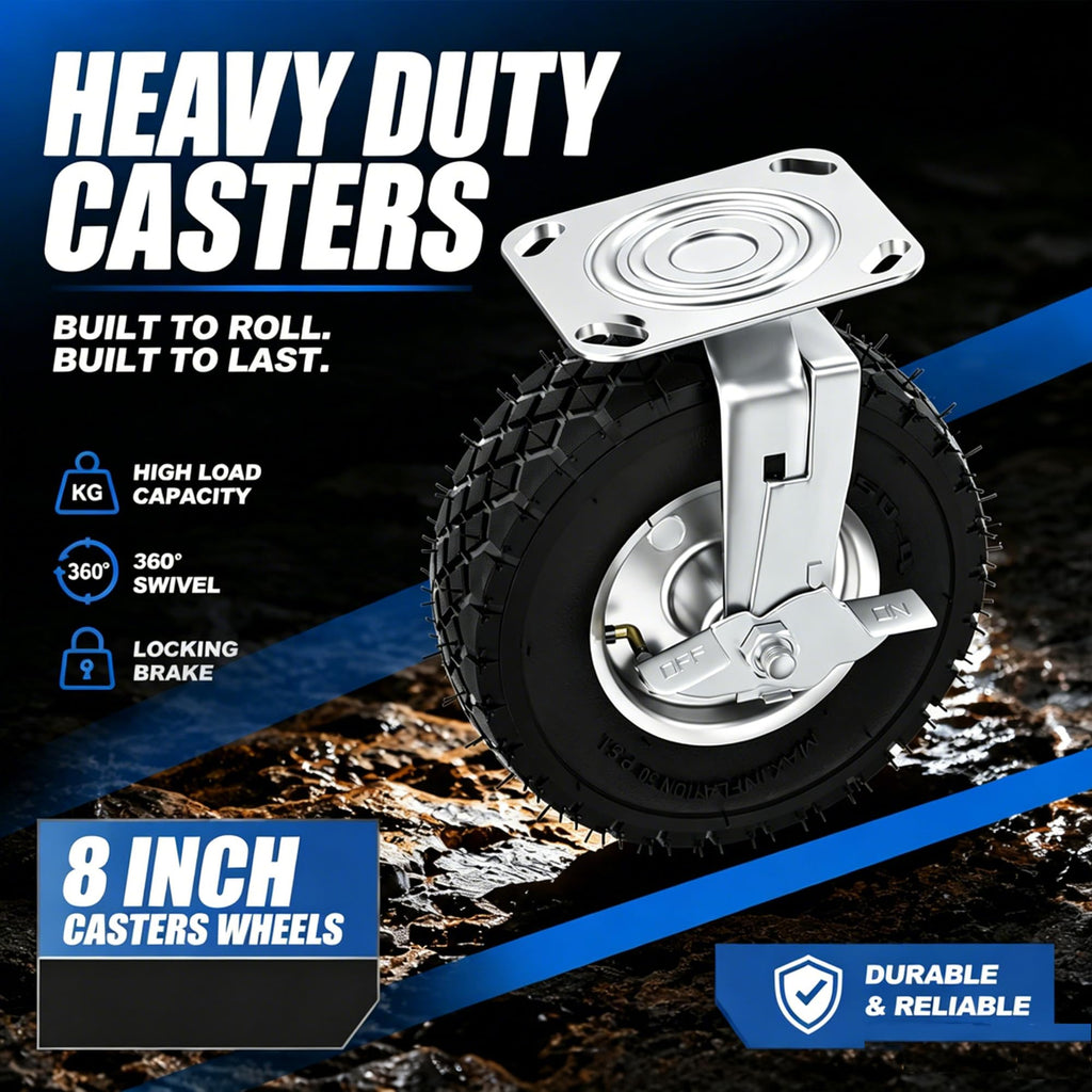 8 Inch Heavy Duty Pneumatic Caster Wheels with Brake, 1000 lbs Capacity, Set of 4 X92362
