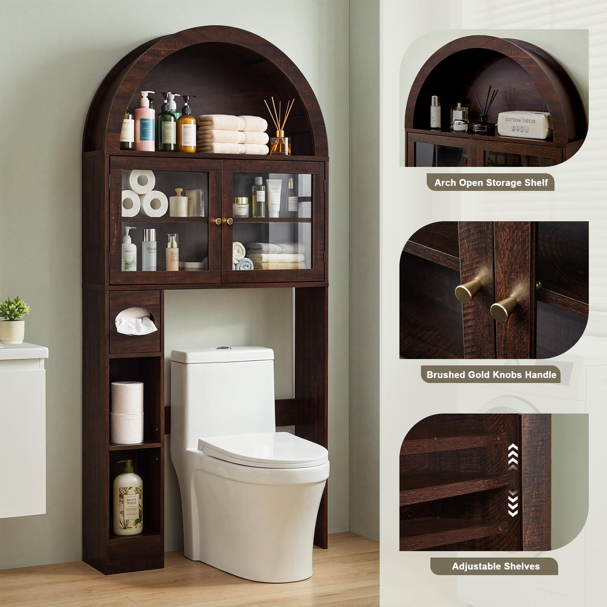 Over the Toilet Storage Cabinet with Arched Top, 68" Tall, Dark Walnut F479