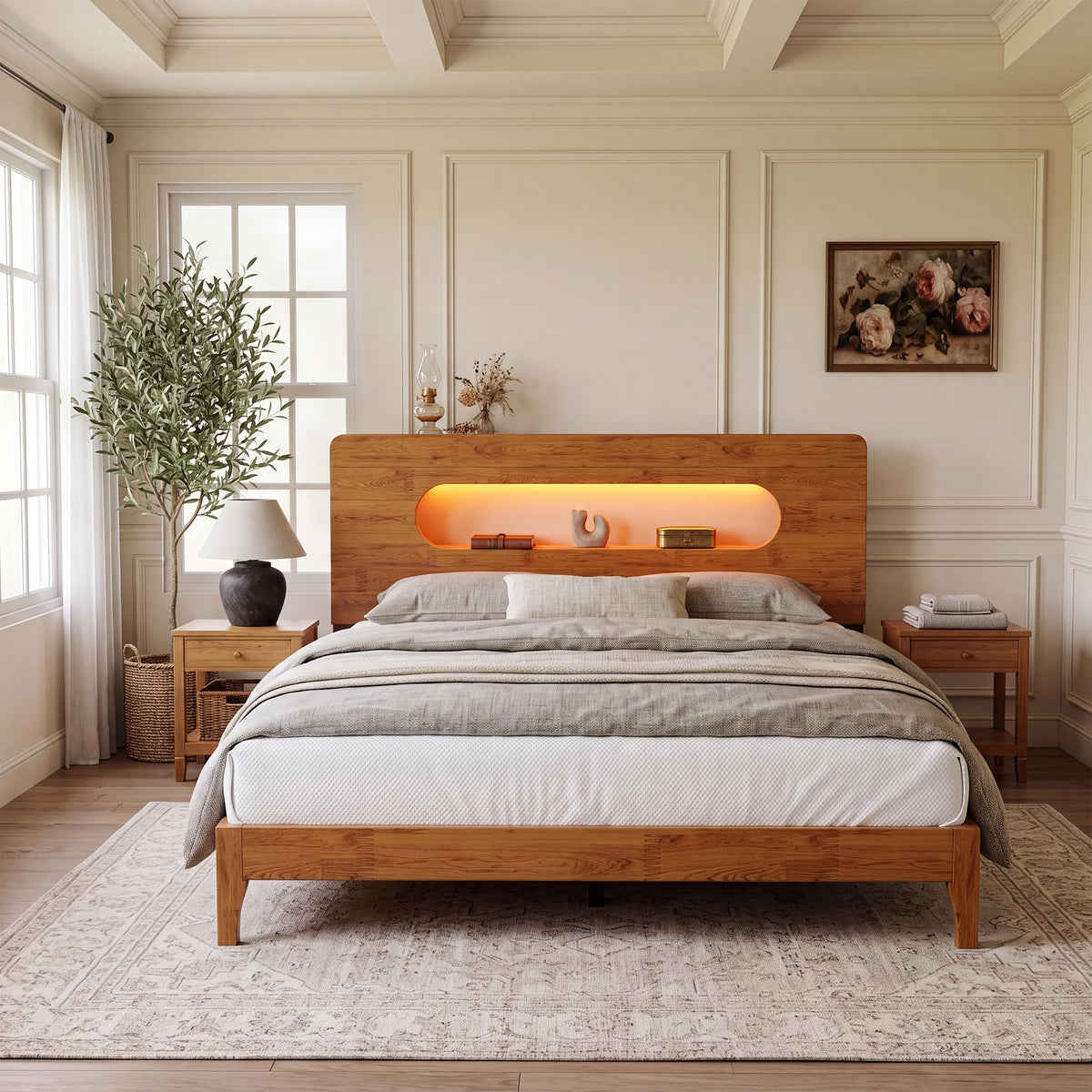 Queen Size Solid Wood Bed Frame with Storage Headboard, Brown S208