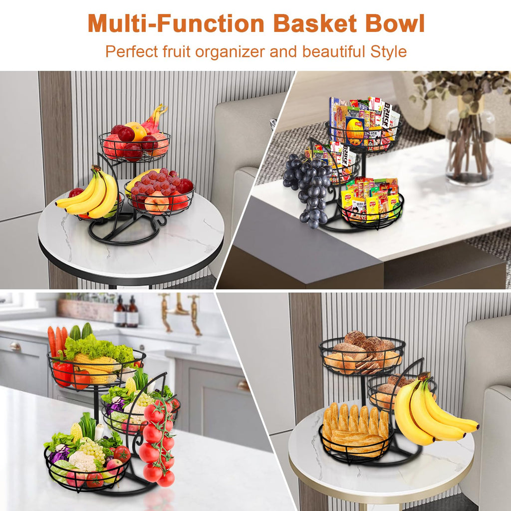 Fruit Basket Bowl with Banana Hanger, 3-Tier Metal Base Q983247
