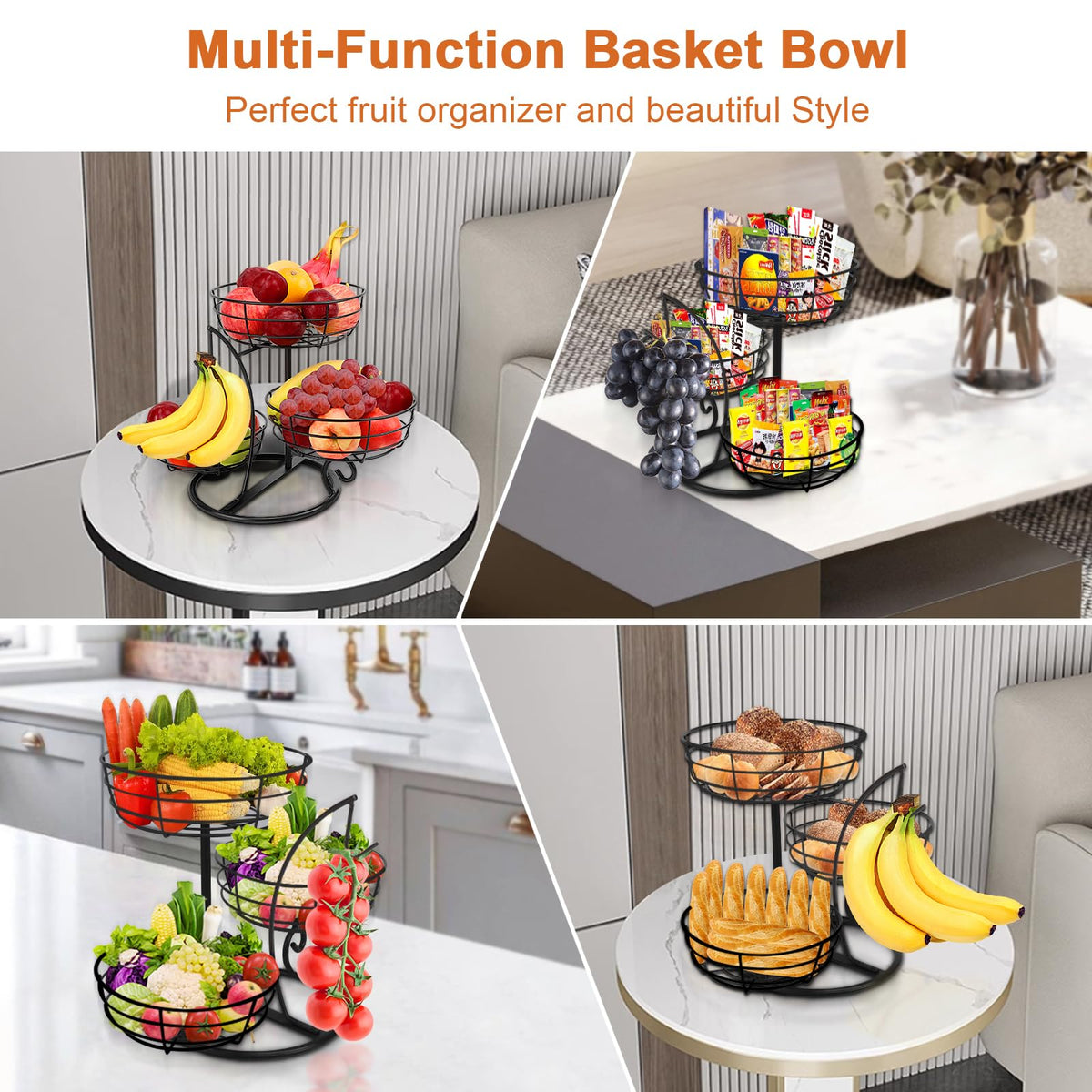 Fruit Basket Bowl with Banana Hanger, 3-Tier Metal Base Q983247