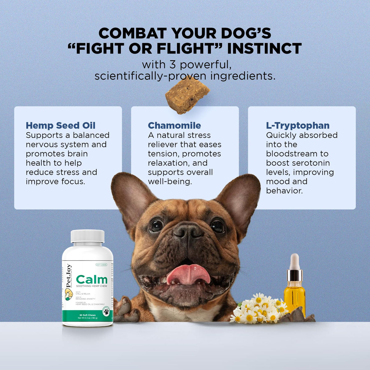 Hemp Calming Chews for Dogs with Chamomile 60 Bacon Treats Q91258