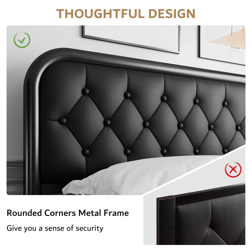 Full Size Black Metal Platform Bed Frame with Leather Headboard S4514