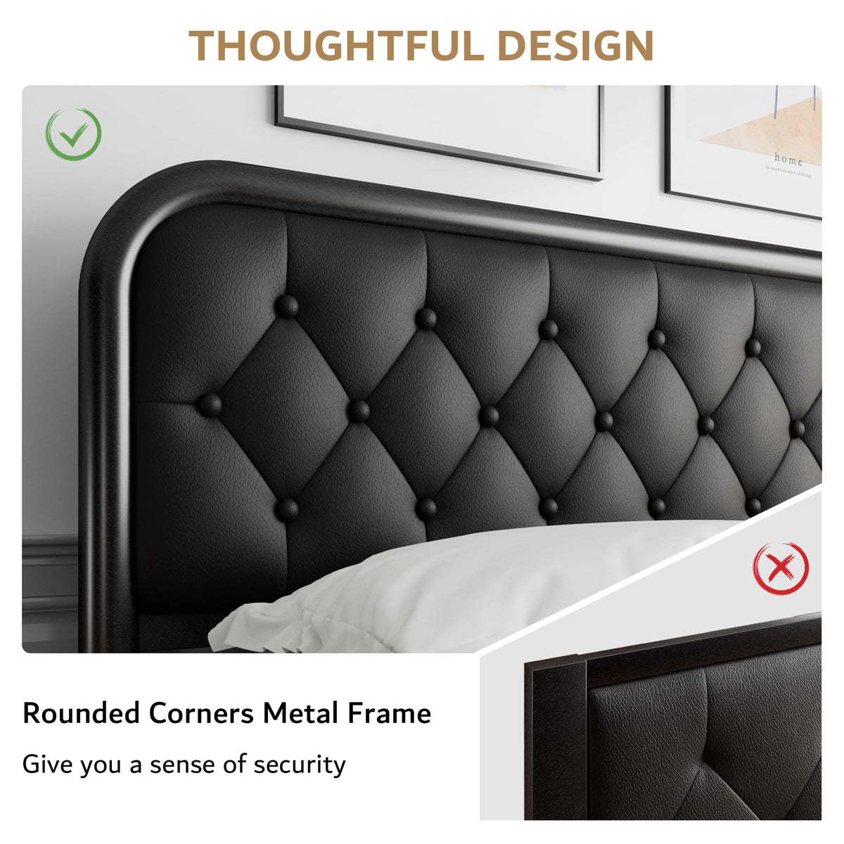 Full Size Black Metal Platform Bed Frame with Leather Headboard S4514