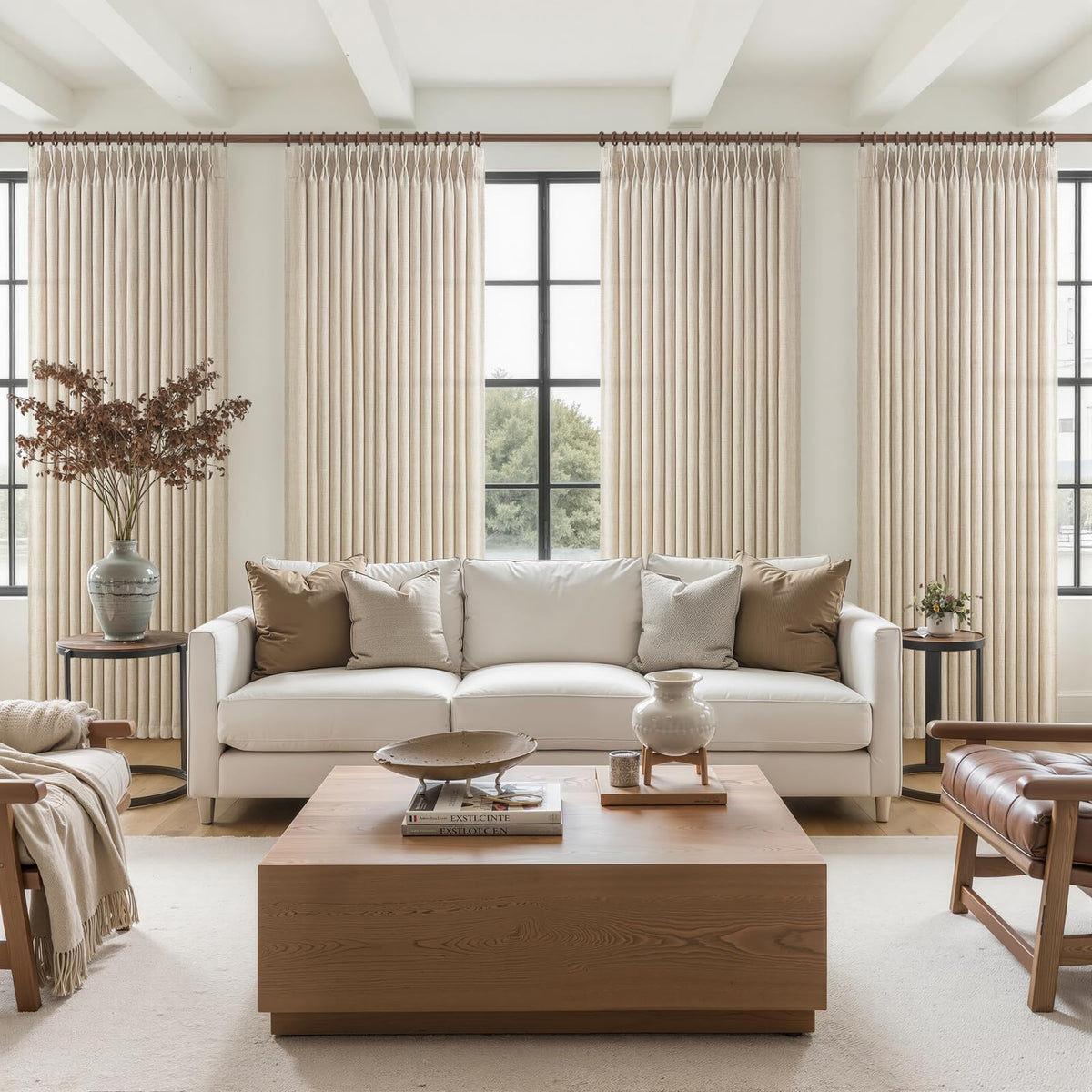 Natural Linen Pleated Curtains 86 Inches Long 50 Inch Wide 2 Panels Set P43194
