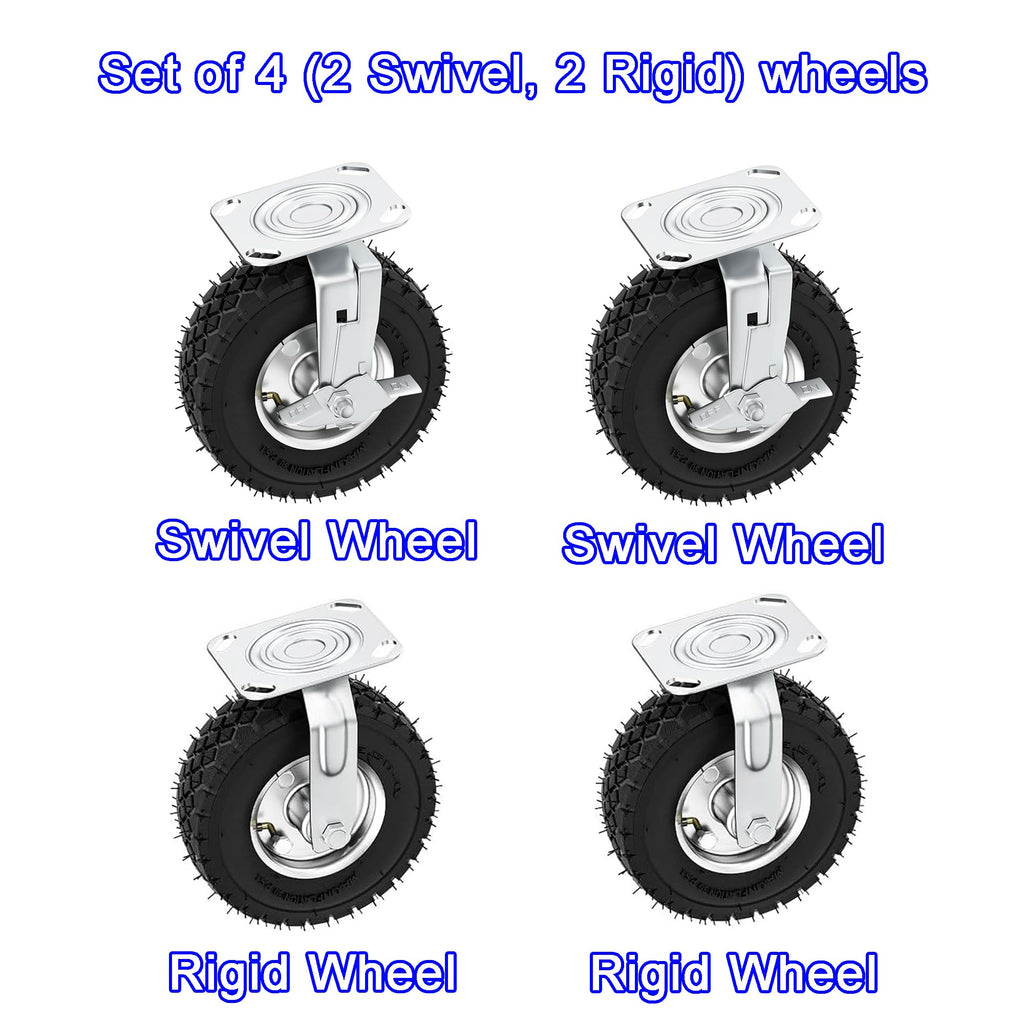 8 Inch Heavy Duty Pneumatic Caster Wheels with Brake, 1000 lbs Capacity, Set of 4 X92362
