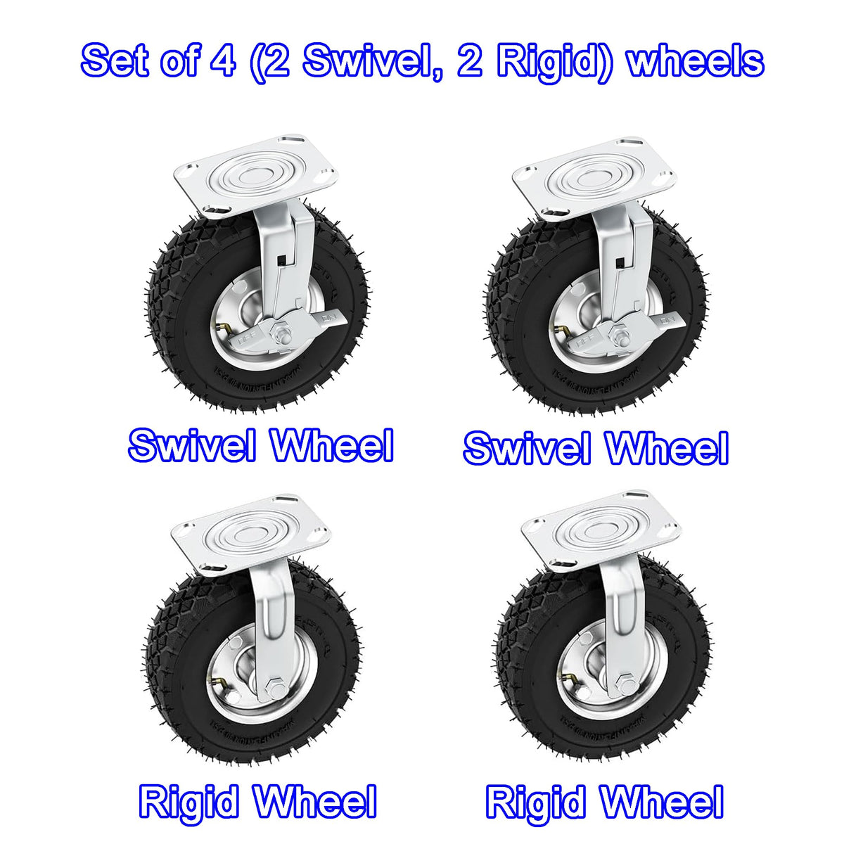 8 Inch Heavy Duty Pneumatic Caster Wheels with Brake, 1000 lbs Capacity, Set of 4 X92362