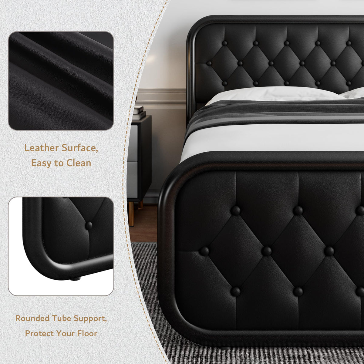 Full Size Black Metal Platform Bed Frame with Leather Headboard S4514