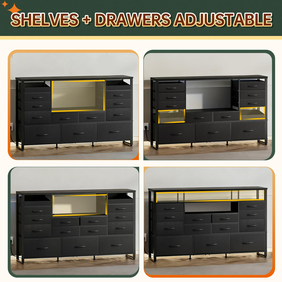 Black TV Stand with LED Lights & Charging Station, 15 Fabric Drawers T61942