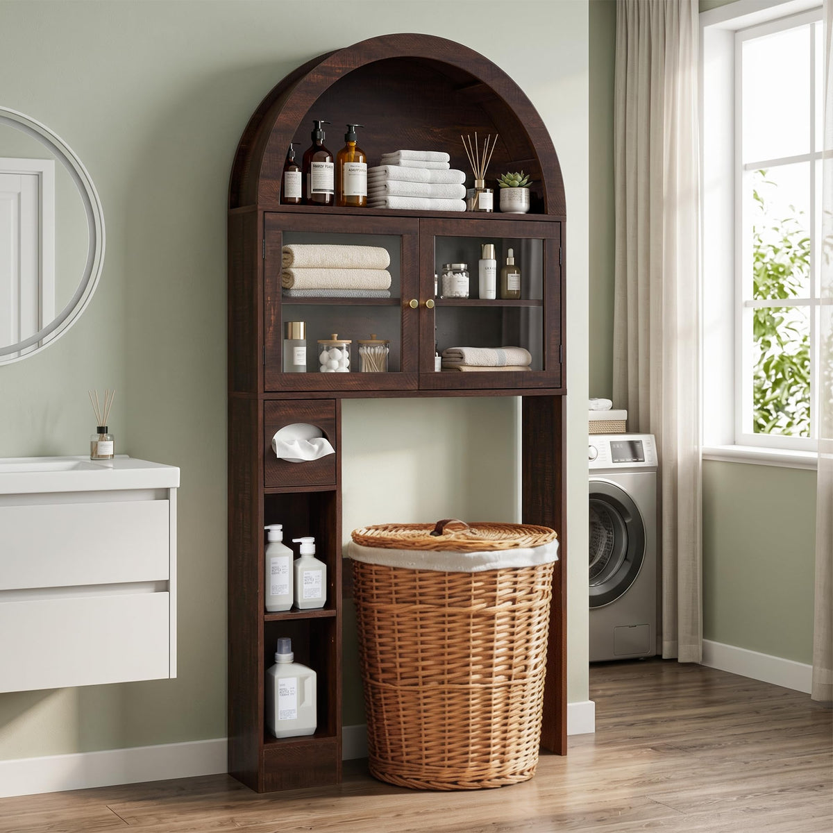 Over the Toilet Storage Cabinet with Arched Top, 68" Tall, Dark Walnut F479