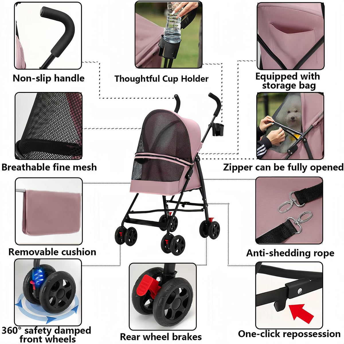 Foldable Lightweight Cat Stroller Pink L863647